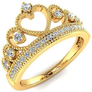 14k Yellow Gold Heart Princess Crown CZ Ring
